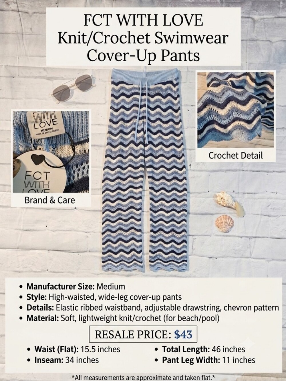 FCT Blue Multi-colored New Chevron Knit/Crochet Swim Cover-Up Pants Size Medium